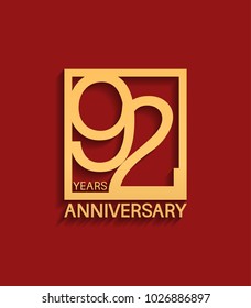 92 years anniversary design logotype golden color in square isolated on red background for celebration event