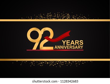 92 years anniversary golden design with red ribbon and glitter background for celebration