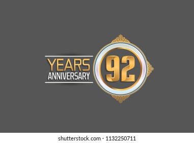 92 years anniversary golden design with white circle and ornament for celebrating special event, birthday and party