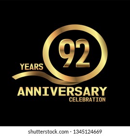 92 years Anniversary with golden font and circle with golden ribbon with black background. Simple, elegant, and luxury design