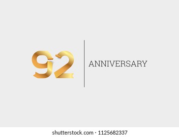 92 Years Anniversary Golden ribbon form number font. isolated on white background.  