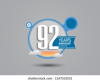 92 years anniversary illustration style with blue circle, orange fluid and cloud for party celebration event
