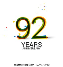 92 Years Anniversary. Layered and Colorful. Logo Celebration Isolated on White Background 