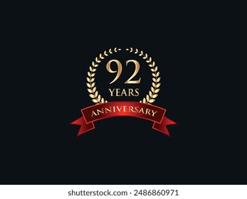 92 Years Anniversary Logo. Celebrating Success. Symbol of Eternal Achievement. Proud Heritage. Logo with Laurel Wreath and Ribbon. Years of Glorious Memories. Jubilee of Joy. Golden Celebratory Crest.