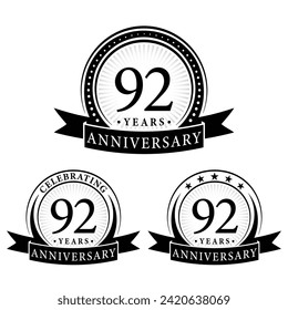 92 years anniversary logo collections. Set of 92nd Anniversary logotype template. Vector and illustration.