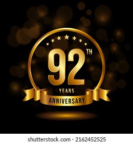 92 years anniversary logo with golden ring and ribbon for booklet, leaflet, magazine, brochure poster, banner, web, invitation or greeting card. Vector illustrations.