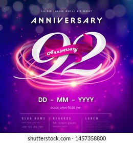 92 years anniversary logo template on purple Abstract futuristic space background. 92nd modern technology design celebrating numbers with Hi-tech network digital technology concept design elements.