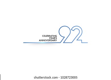 92 Years Anniversary logotype with blue colored font numbers made of one connected line, isolated on white background for company celebration event, birthday