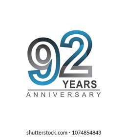 92 years anniversary logotype bold line number with grey and blue color for celebration event isolated on blue background