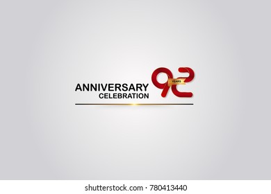 92 Years Anniversary Logotype with Elegant Red Color and Golden Ribbon Isolated on White Background
