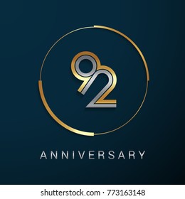 92 Years Anniversary Logotype with  Gold and Silver Multi Linear Number in a Golden Circle , Isolated on Dark Background
