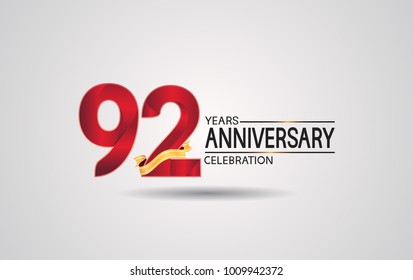 92 years anniversary logotype with red color and golden ribbon isolated on white background for celebration event