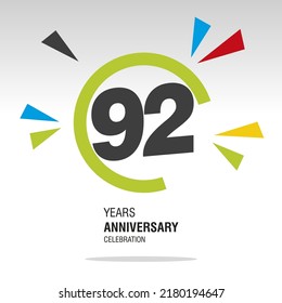 92 Years Anniversary, Number In Broken Circle With Colorful Bang Of Confetti, Logo, Icon, White Background