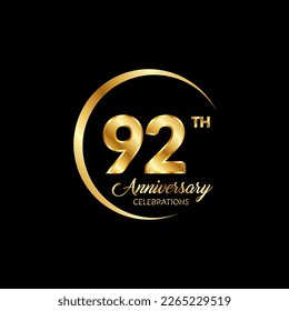 92 years anniversary. Anniversary template design concept with golden number , design for event, invitation card, greeting card, banner, poster, flyer, book cover and print. Vector Eps10