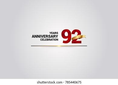 92 Years anniversary using red elegant number isolated on white background, with golden ribbon ca be use as celebration event logo