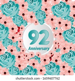 92 Years anniversary. Vector design greeting card with decorative floral for celebration