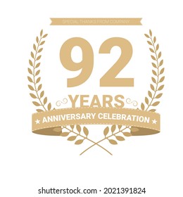 92 years anniversary vector icon, logo. Graphic design element with number and text composition for 92th anniversary