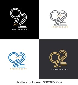 92 years anniversary vector number icon, birthday logo label, black, white and colors with stripe number