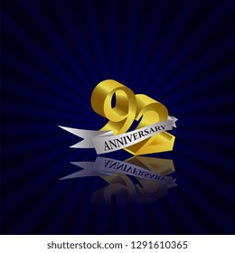 92 years anniversary Vector Template Design with golden color and silver ribbon isolated on blue sunburst background illustration for celebration event - Vector