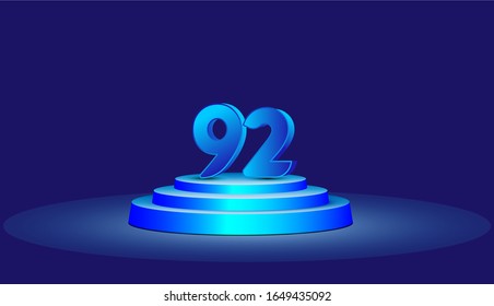 92 Years Anniversary Vector Template Design Illustration. Blue 3d Numbers with podium stage for celebration
