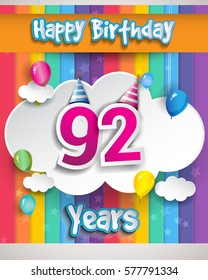 92 Years Birthday Celebration, with balloons and clouds, Colorful Vector design for invitation card and birthday party.