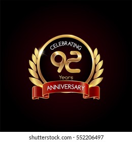 92 years gold anniversary celebration logo with red ribbon , isolated on dark background