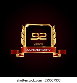 92 years gold anniversary celebration square logo with red ribbon  , isolated on dark background