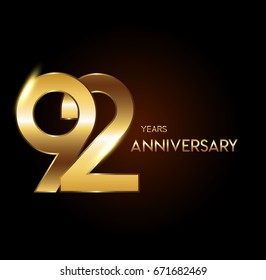 92 years gold anniversary celebration overlapping number logo, isolated on dark background