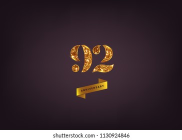 92 Years gold Anniversary logotype made from golden glitter isolated on black background for company celebration event, birthday