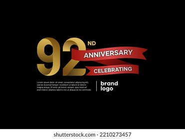 92 years happy anniversary logo with gold and red color on black background