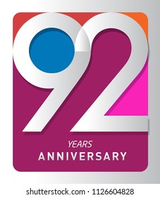 92 years old celebrating modern logo. Colored happy anniversary template numbers. vector design for celebration, invitation card, and greeting card