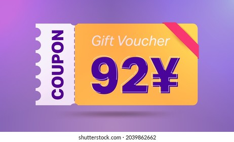 92 yen coupon promotion sale for website, internet ads, social media.Big sale and super sale coupon code Japanese yen 92 discount gift voucher coupon vector illustration summer offer ends weekend