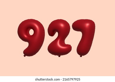 927 3d number balloon made of realistic metallic air balloon 3d rendering. 3D Red helium balloons for sale decoration Party Birthday, Celebrate anniversary, Wedding Holiday. Vector illustration