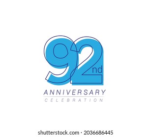 92nd anniversary blue colored vector design for birthday celebration, isolated on white background