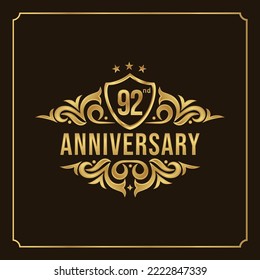 92nd anniversary card. Beautiful greeting banner poster and golden logo with gold text word and gold number.