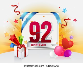 92nd anniversary celebration with colorful confetti and balloon with shiny yellow background