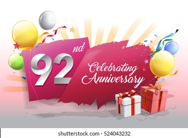 92nd anniversary celebration with colorful confetti and balloon on red background with shiny elements. design template for your birthday party.