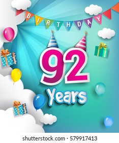 92nd Anniversary Celebration Design, with clouds and balloons. using Paper Art Design Style, Vector template elements for your, ninety two years birthday celebration party.