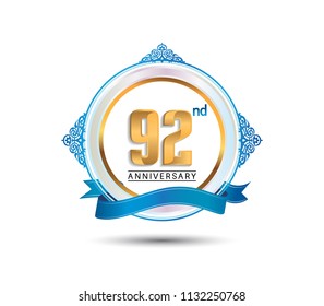 92nd anniversary design golden color on circle with blue ornament and ribbon for celebration event 