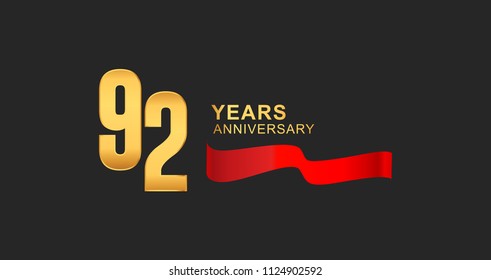 92nd anniversary design logotype golden color with red ribbon elegant design for anniversary celebration