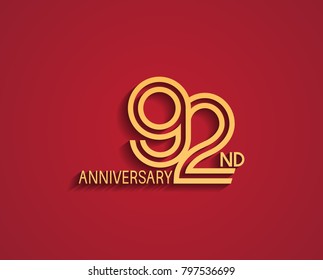 92nd anniversary design logotype with line style golden color for celebration event isolated on red background