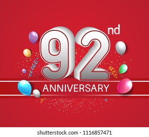 92nd anniversary design red background with balloons and confetti for company celebration event 