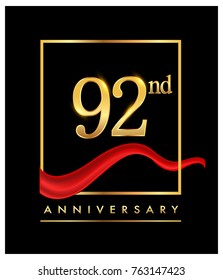 92nd anniversary logo with red ribbon  and confetti golden colored isolated on elegant background, vector design for greeting card and invitation card