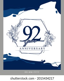 Logo del 92 aniversario con color azul de fondo dibujado a mano para celebración, boda, tarjeta de saludo e invitación.