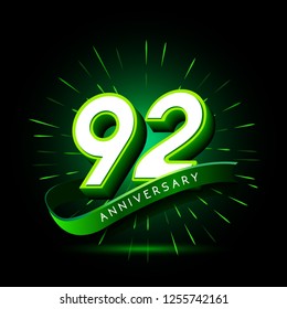 92nd anniversary neon text vector design template. green number neon logo, light banner design element colorful design trend, night bright advertising neon text anniversary event party template