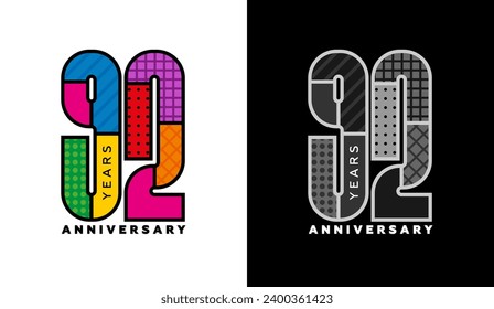 92nd anniversary, ninety second logo set, colorful logo for celebration, invitations, congratulations, web template, flyer and booklet, retro
