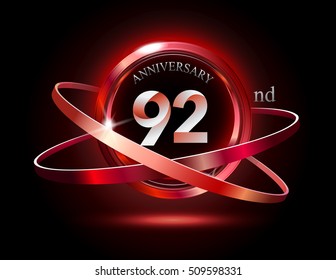 92nd anniversary with shiny red ring on black background