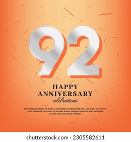 Plantilla vectorial del 92º aniversario con un número blanco y confetti esparcidos en un fondo naranja