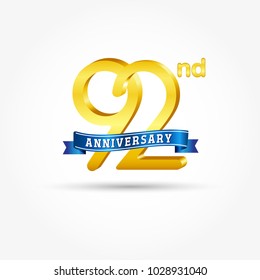 92nd golden Anniversary logo with blue ribbon isolated on white background. 3d gold 92nd Anniversary logo