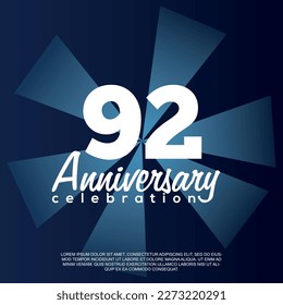 92nd year anniversary celebration vector template design illustration with white text elegant blue shiny background.	